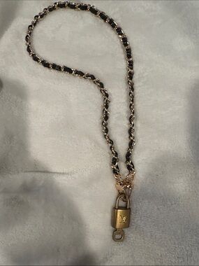 24 inch Gold-Tone Chain Necklace with Black Leather Weave and LV Padlock #302.